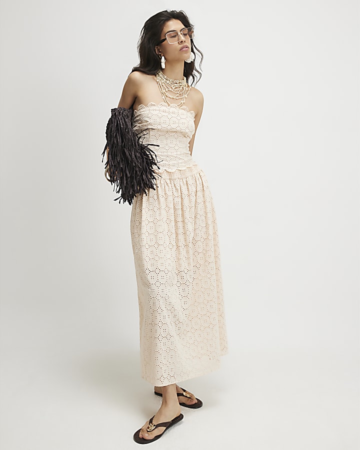 Beige Cotton Broderie Full Maxi Skirt