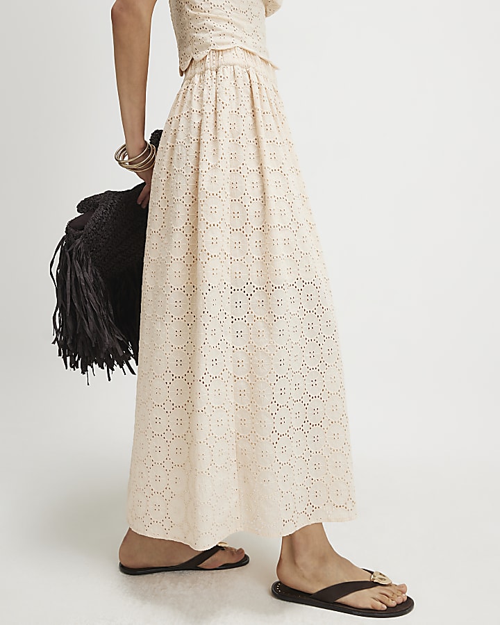 Beige Cotton Broderie Full Maxi Skirt
