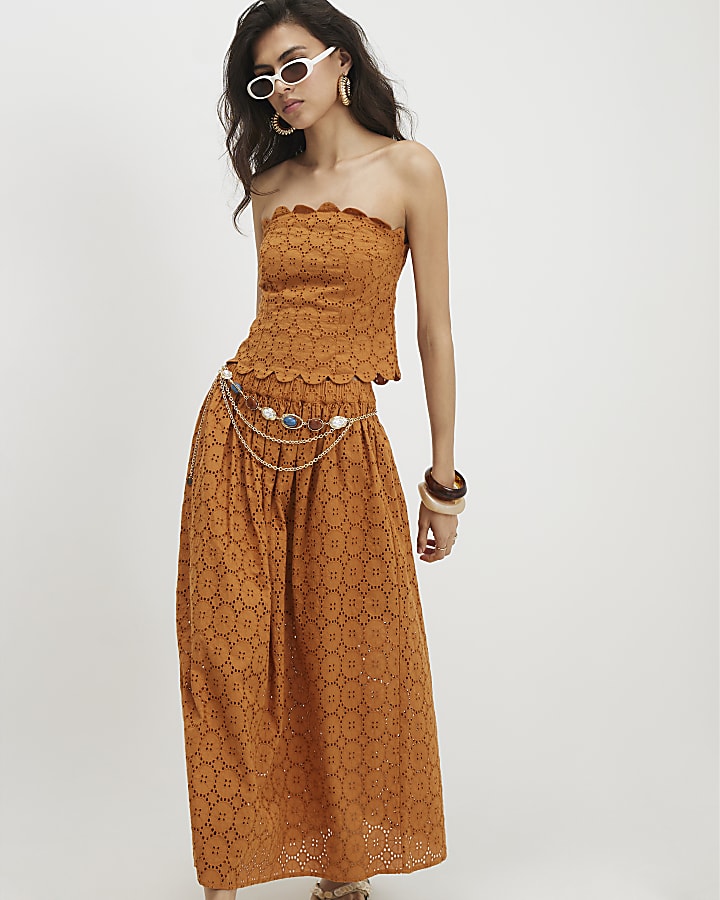 Orange Broderie Full Maxi Skirt