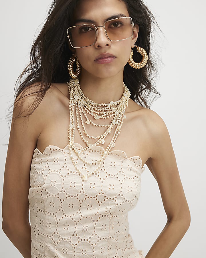 Beige Cotton Broderie Bandeau Top