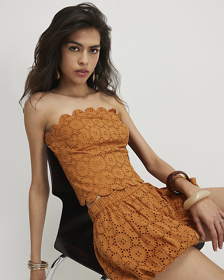 Orange Cotton Broderie Bandeau Top