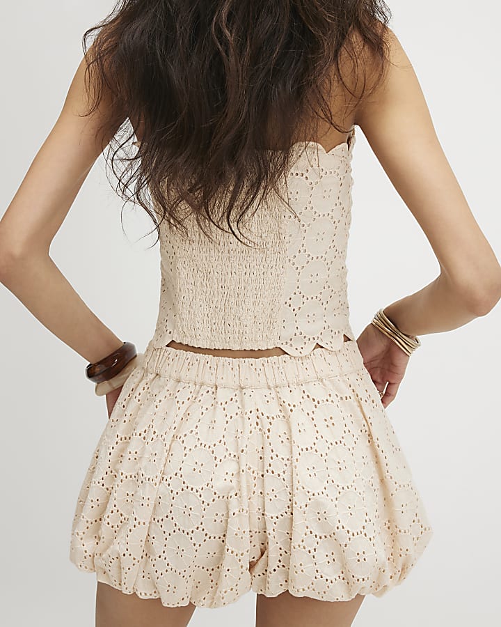 Beige Cotton Broderie Bubble Hem Shorts