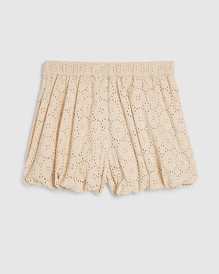 Beige Cotton Broderie Bubble Hem Shorts
