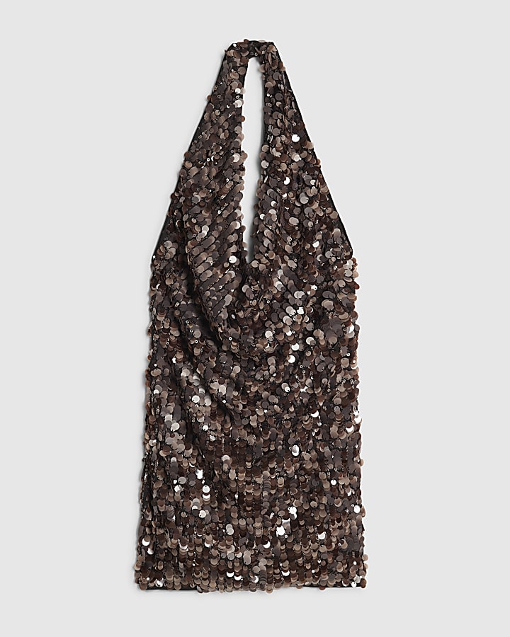 Brown Halter Neck Sequin Mini Dress