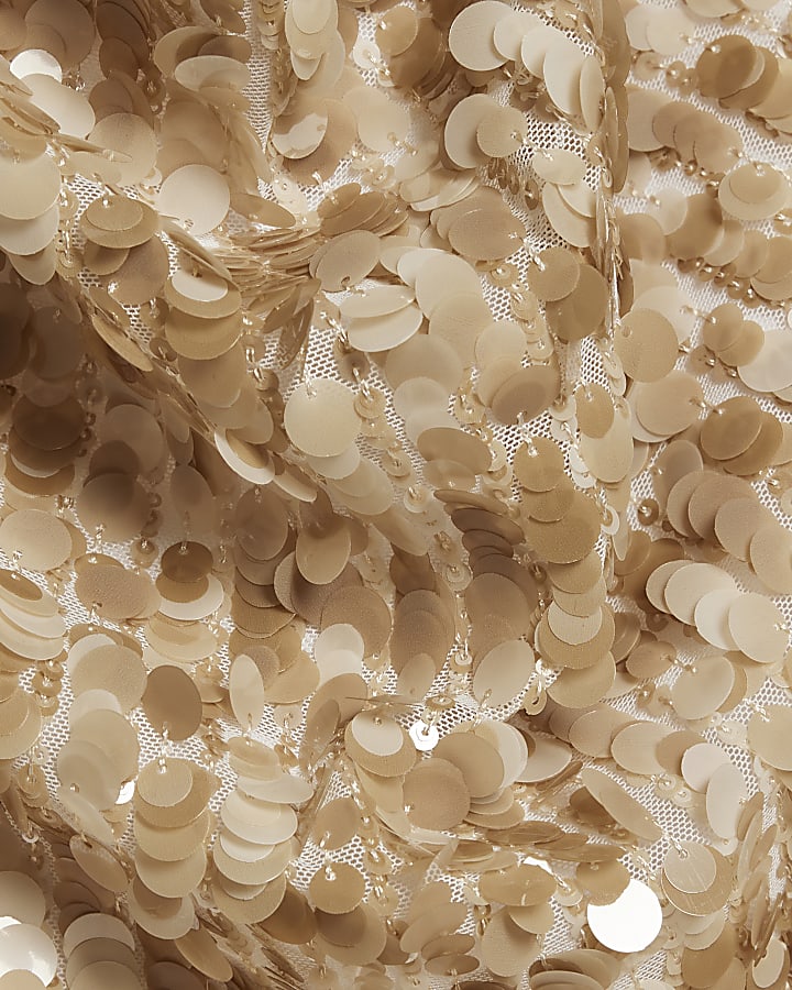 Beige Cowl Halter Matte Sequin Mini Dress
