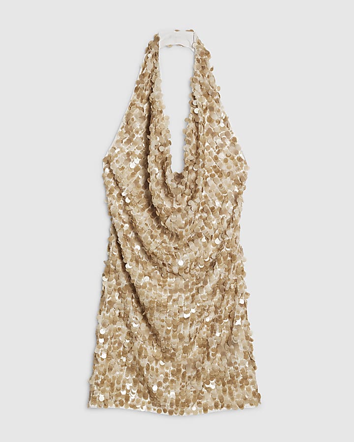 Beige Cowl Halter Matte Sequin Mini Dress