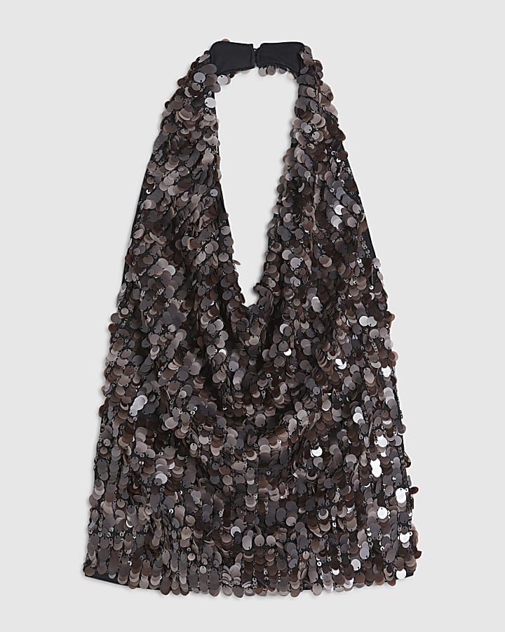 Brown Halter Neck Sequin Top