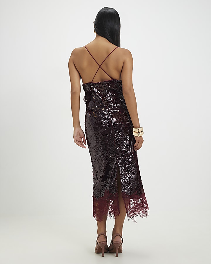 Petite Red Sequin Lace Trim Cami Midi Dress