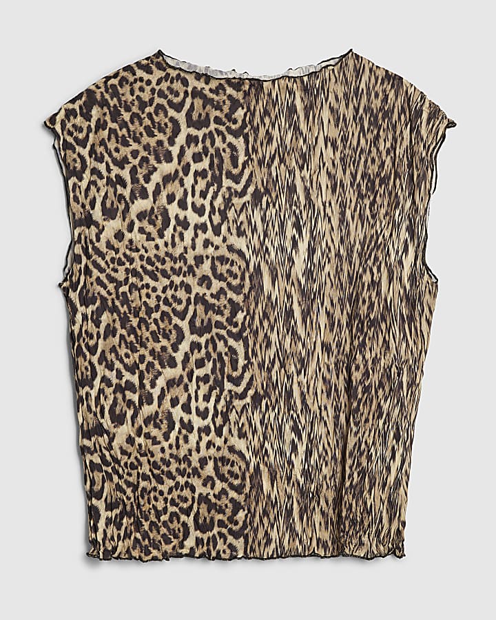 Beige Leopard Print Crinkle Plisse Top