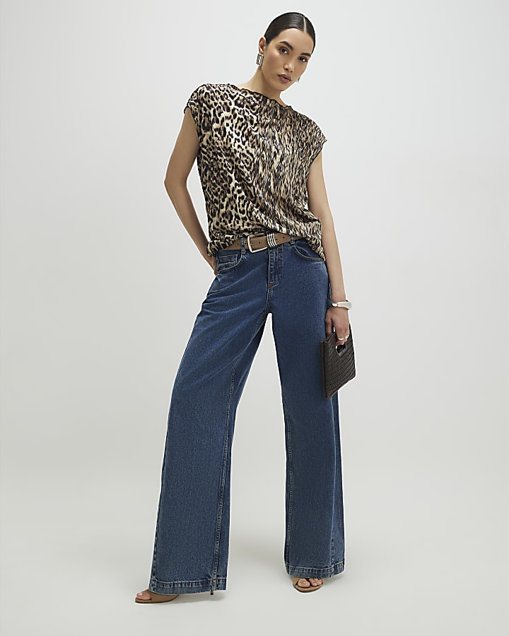 Beige Leopard Print Crinkle Plisse Top