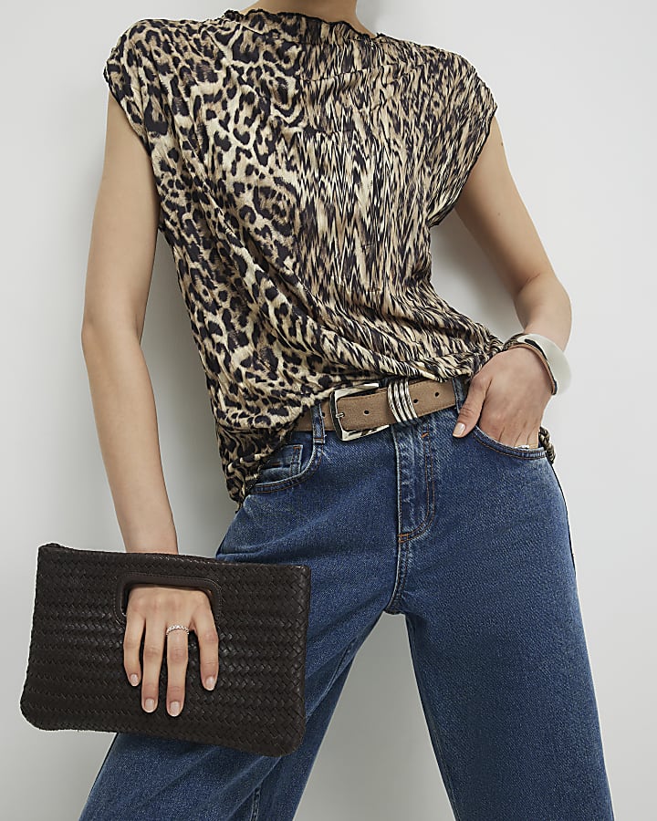 Beige Leopard Print Crinkle Plisse Top