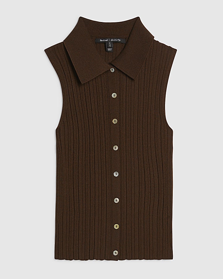 Brown Knitted Sleeveless Polo Top