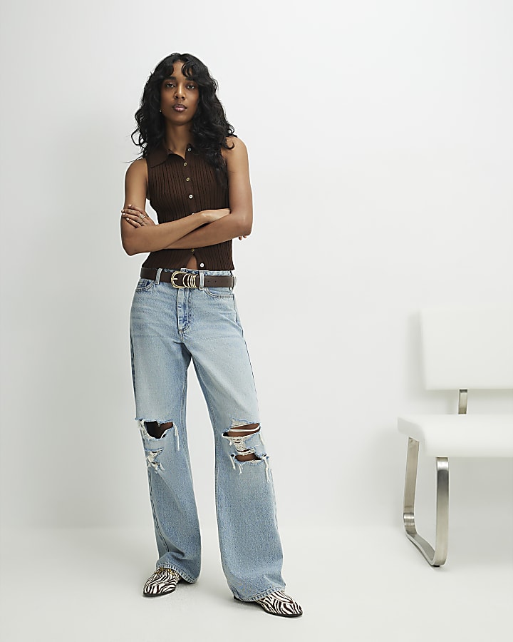 Brown Knitted Sleeveless Polo Top