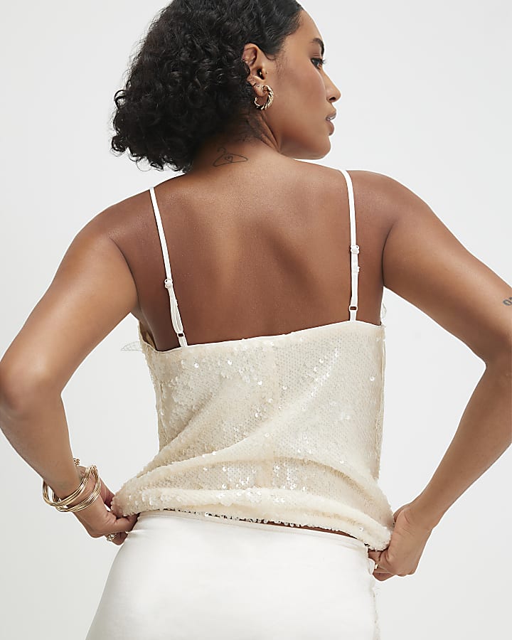 Cream Sleeveless Sequin Lace Cami Top