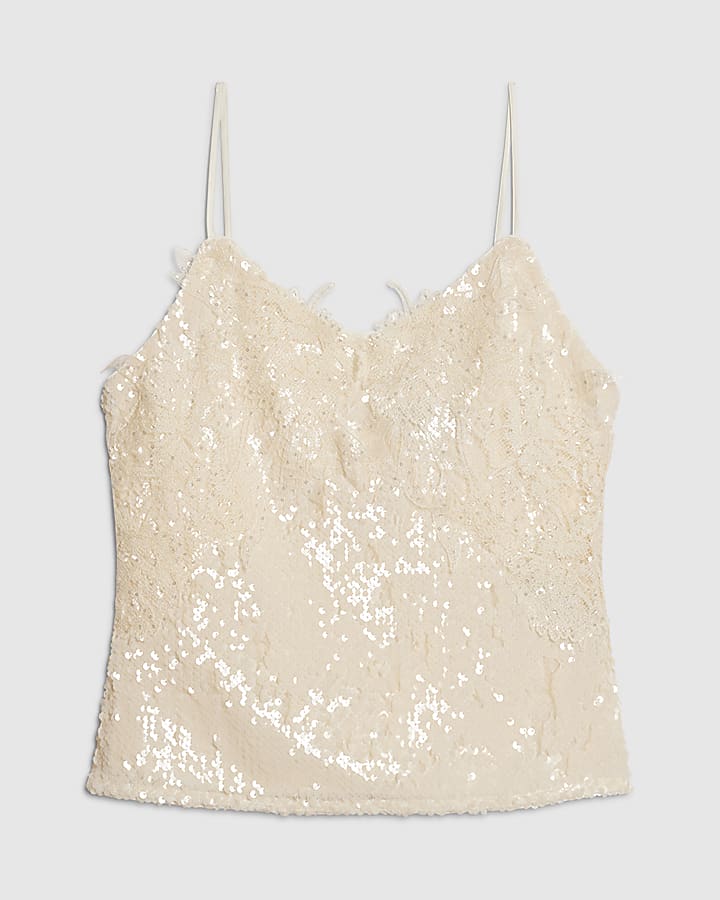 Cream Sleeveless Sequin Lace Cami Top