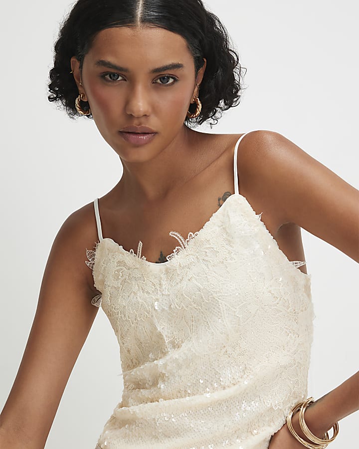 Cream Sleeveless Sequin Lace Cami Top