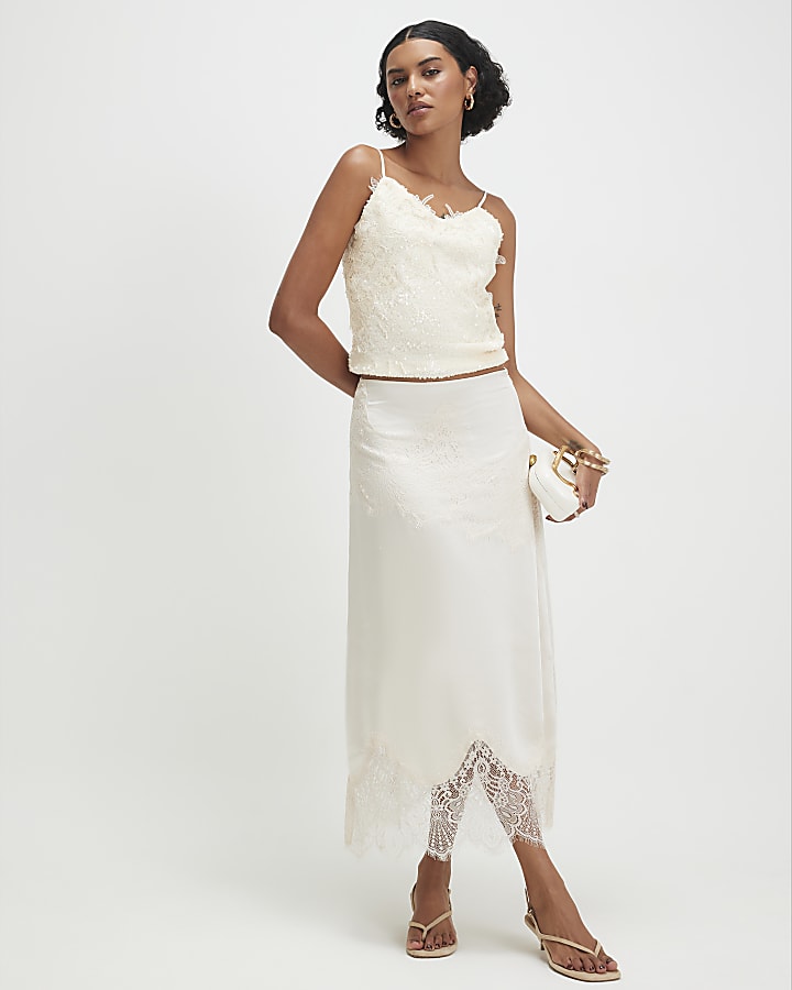 Cream Sleeveless Sequin Lace Cami Top