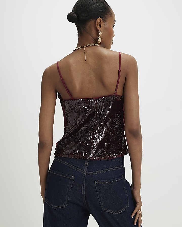 Red Sequin Lace Cami Top