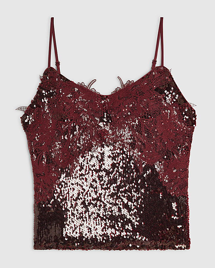 Red Sequin Lace Cami Top