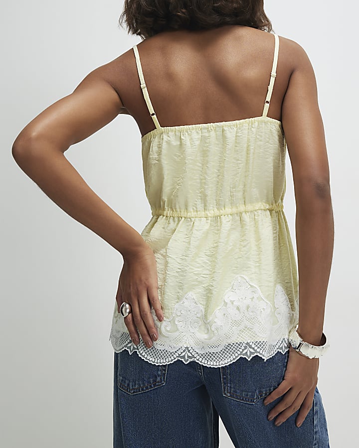 Yellow Lace Trim Cinched Cami Top