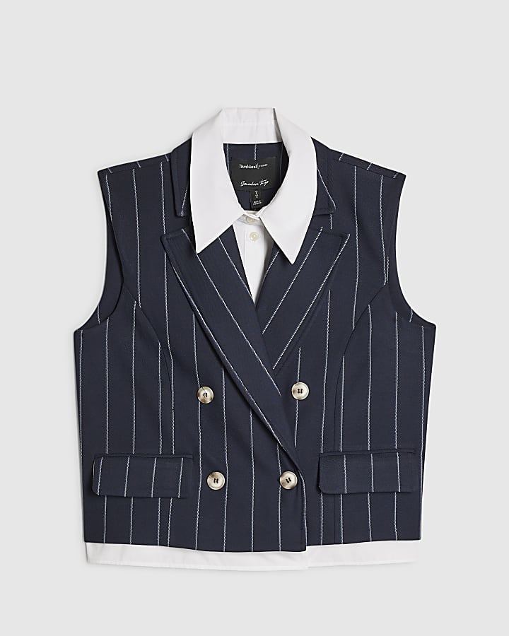 Navy Boxy Pinstripe Hybrid Waistcoat