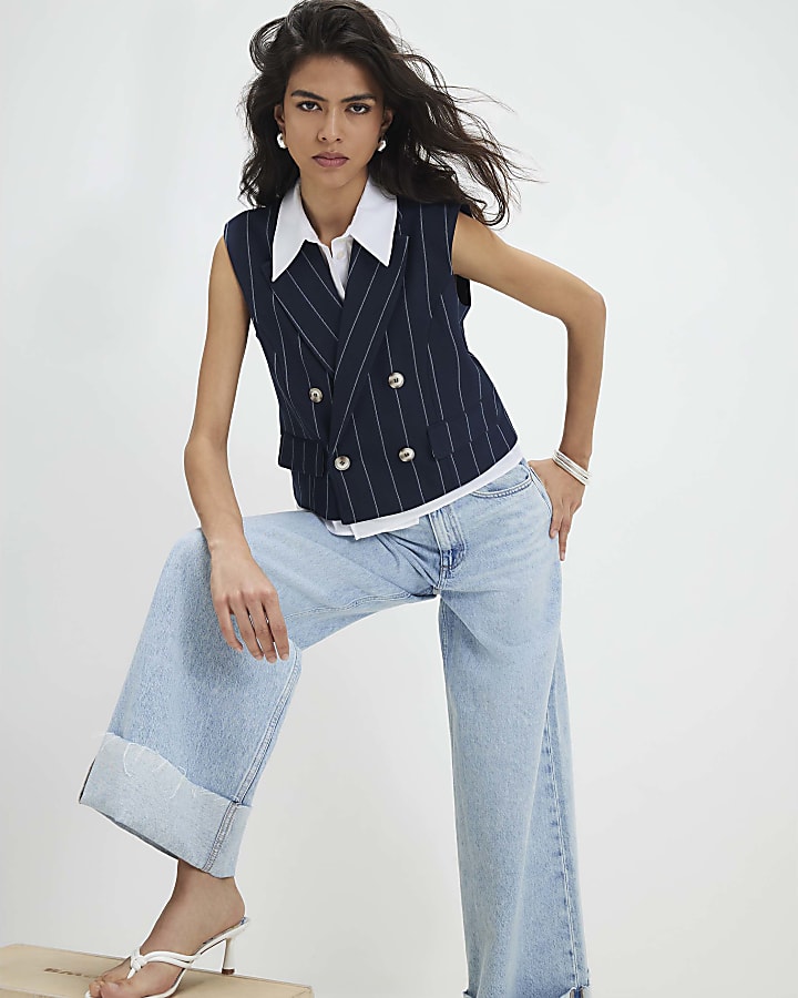 Navy Boxy Pinstripe Hybrid Waistcoat