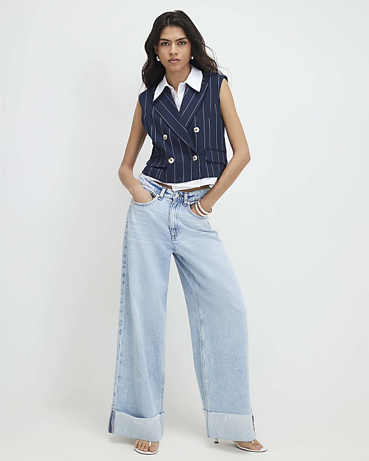 Navy Boxy Pinstripe Hybrid Waistcoat