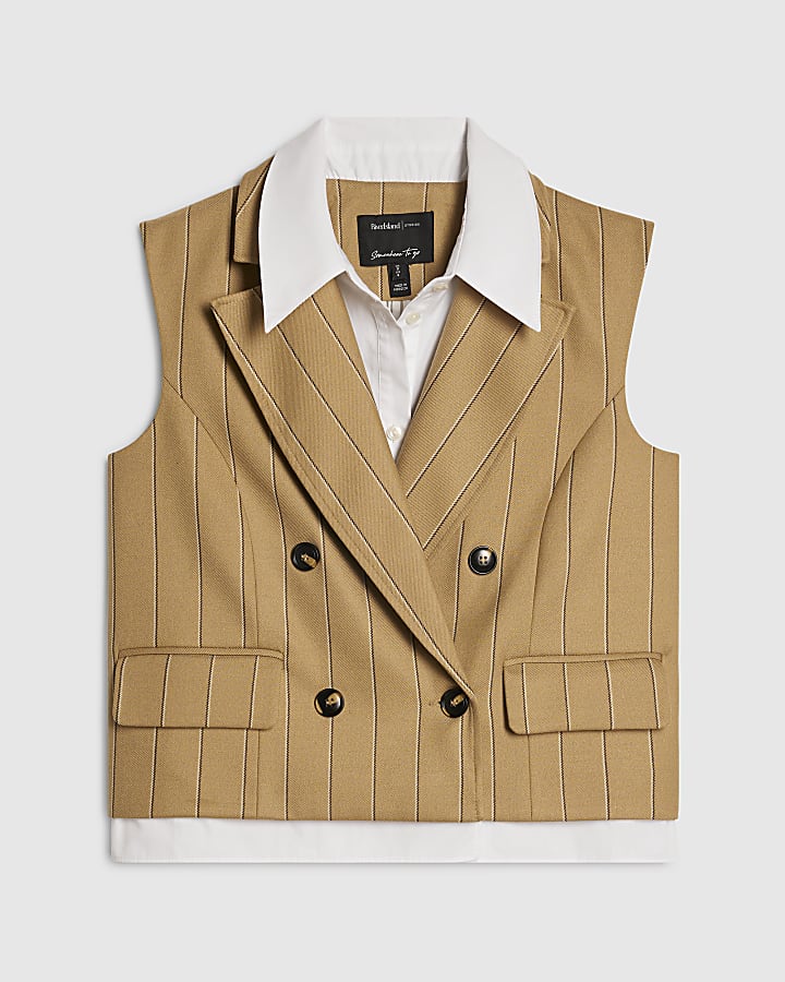 Beige Boxy Pinstripe Hybrid Waistcoat
