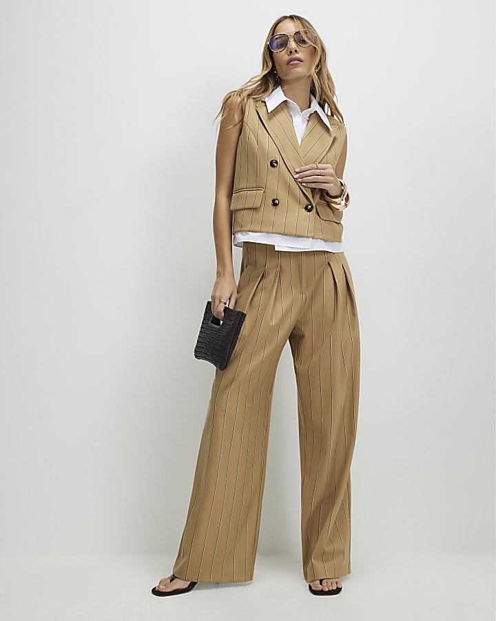 Beige Boxy Pinstripe Hybrid Waistcoat