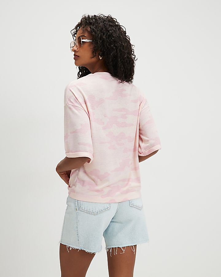 Pink Camouflage Print Linen Blend T-shirt