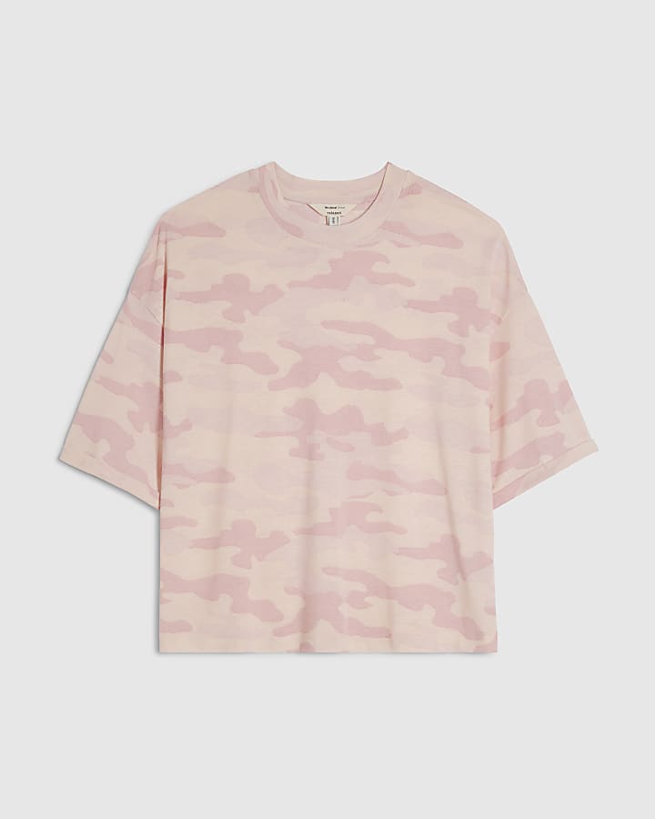 Pink Camouflage Print Linen Blend T-shirt
