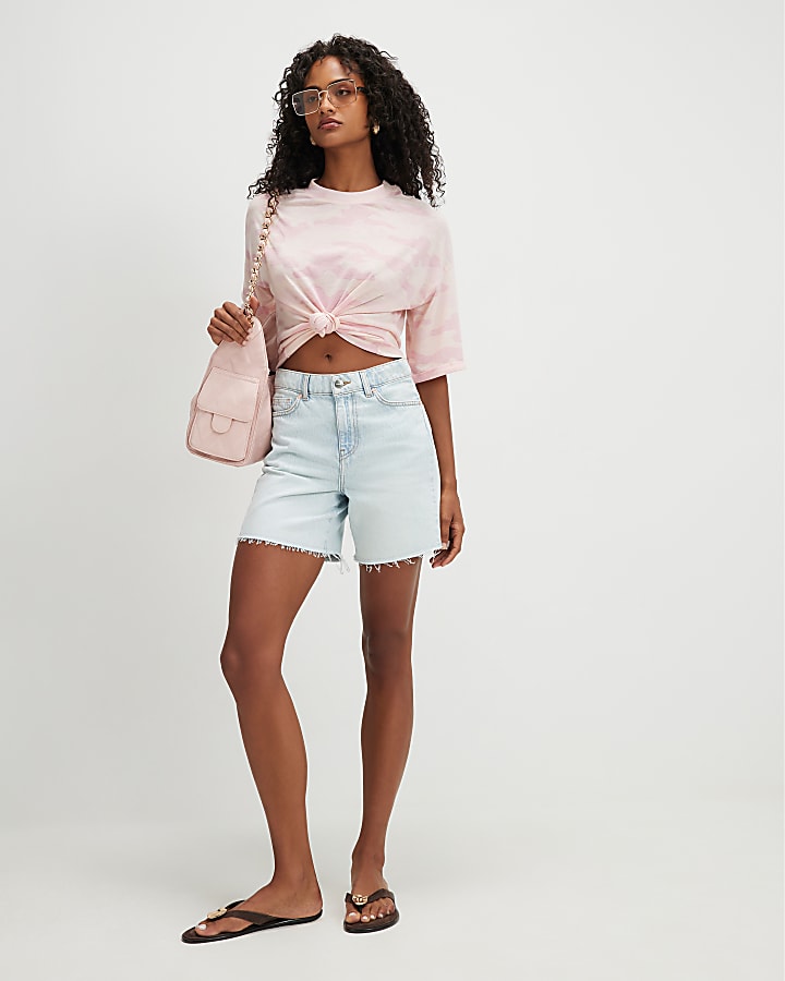 Pink Camouflage Print Linen Blend T-shirt