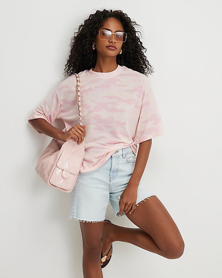 Pink Camouflage Print Linen Blend T-shirt