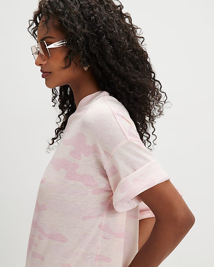 Pink Camouflage Print Linen Blend T-shirt