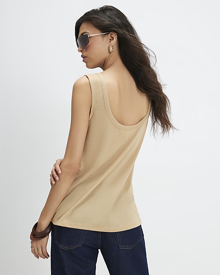 Beige Linen Blend Scoop Neck Tank Top