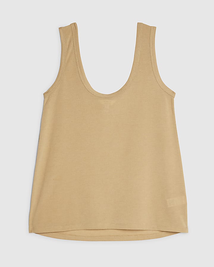 Beige Linen Blend Scoop Neck Tank Top