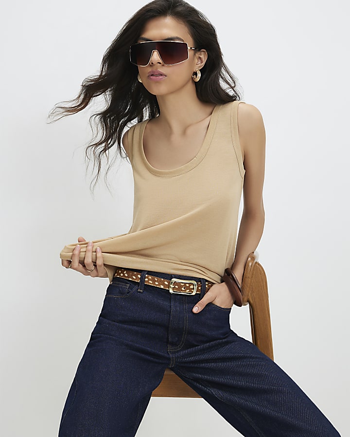 Beige Linen Blend Scoop Neck Tank Top