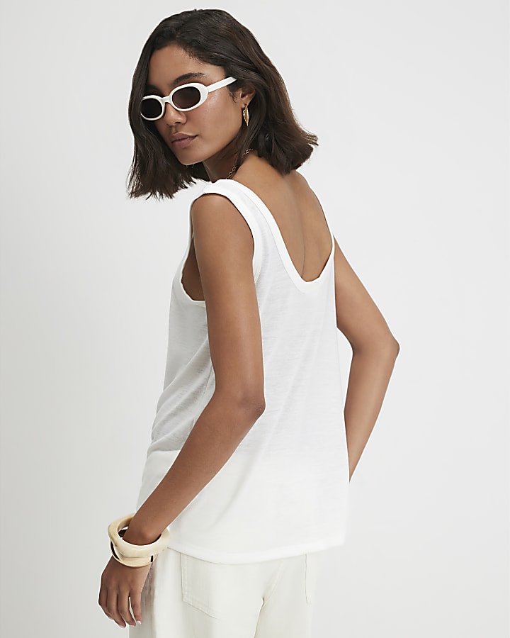 White Linen Blend Scoop Neck Tank Top