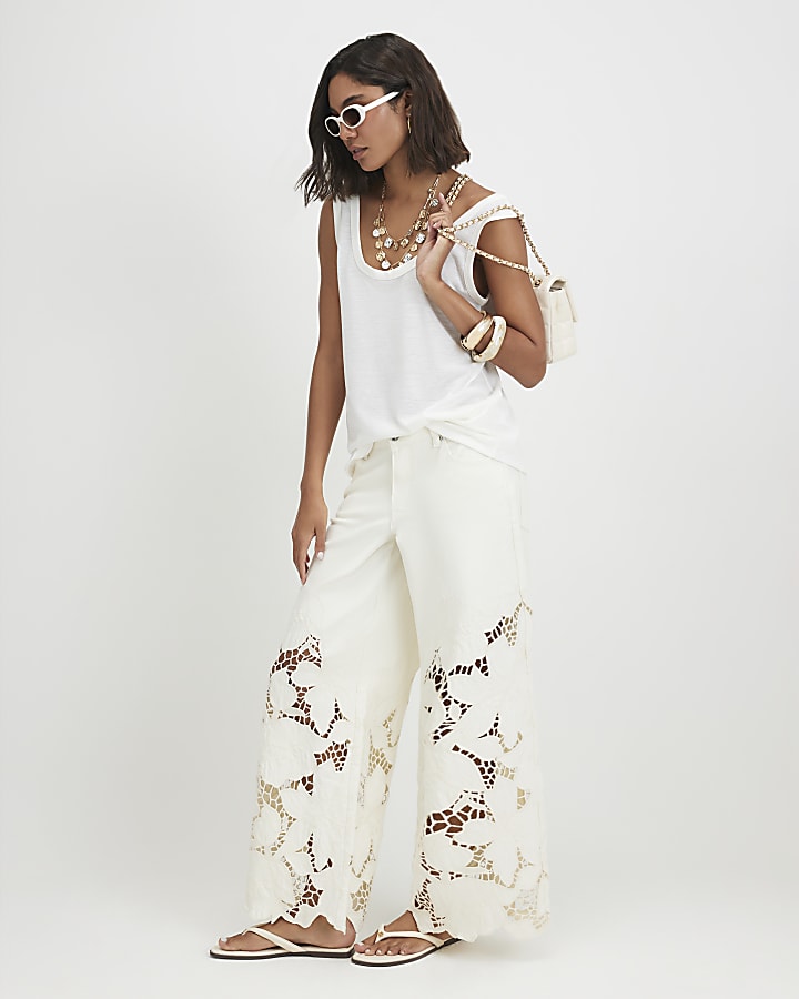 White Linen Blend Scoop Neck Tank Top