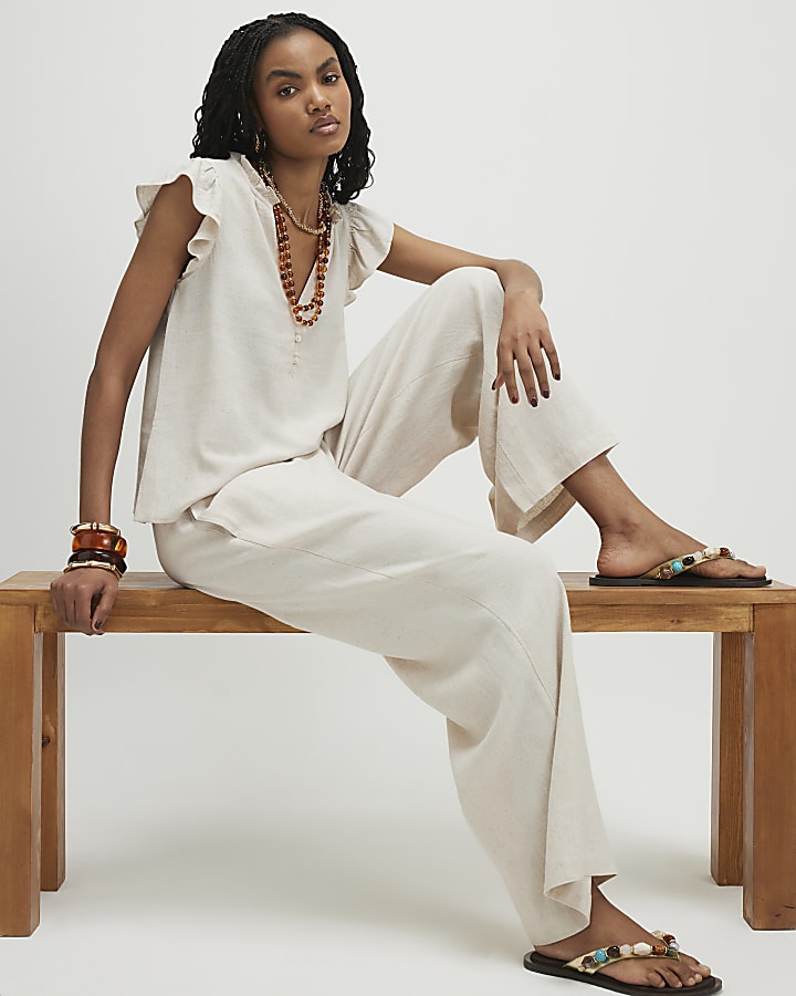 Beige Linen Blend Trousers