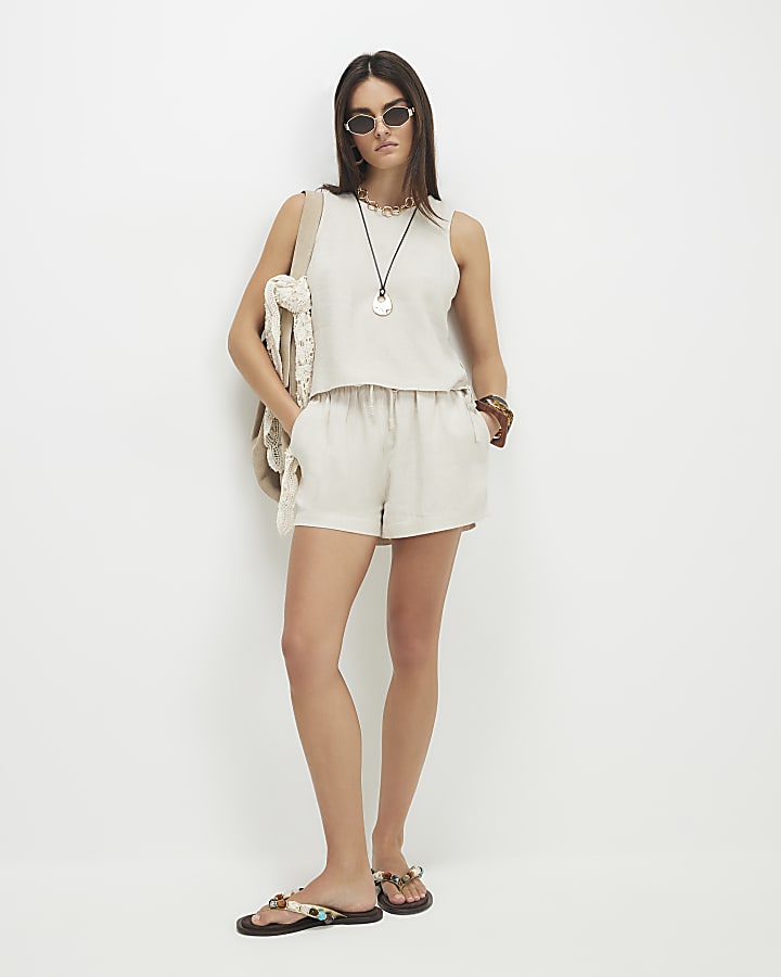 Beige Linen Blend Shorts