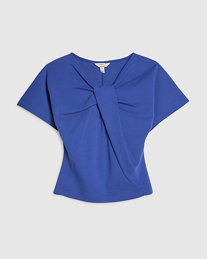 Blue Short Sleeve Twist Front Top