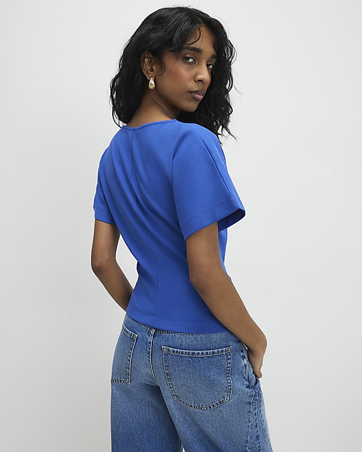 Blue Short Sleeve Twist Front Top
