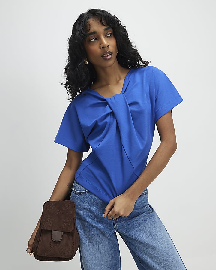 Blue Short Sleeve Twist Front Top