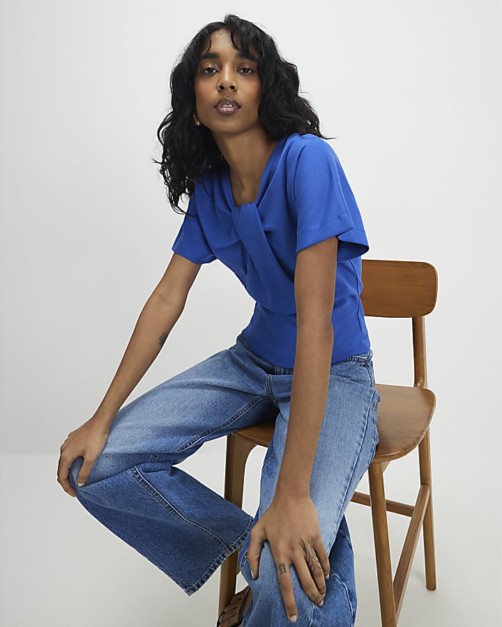 Blue Short Sleeve Twist Front Top