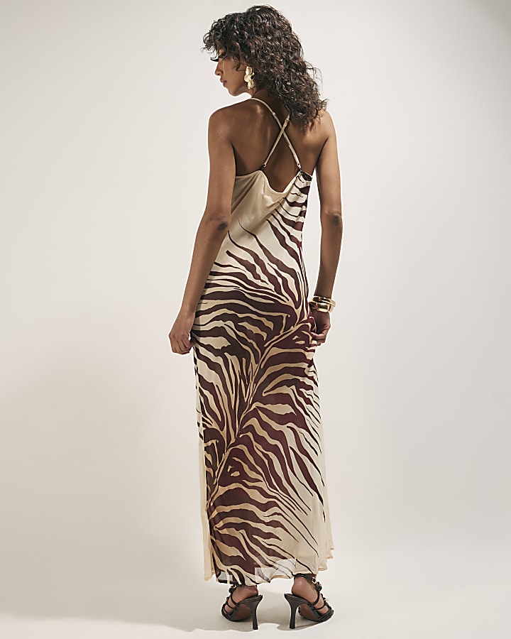Cream Zebra Print Embellished Maxi Dress
