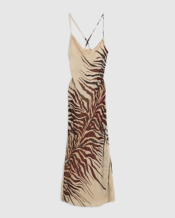 Cream Zebra Print Embellished Maxi Dress