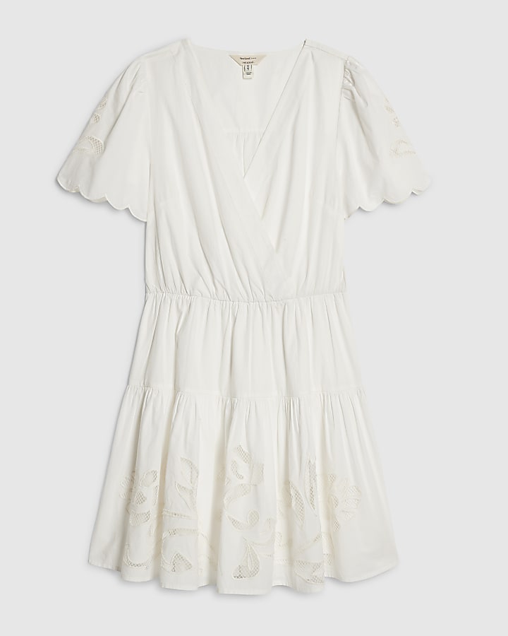 Cream Short Sleeve Poplin Broderie Mini Dress