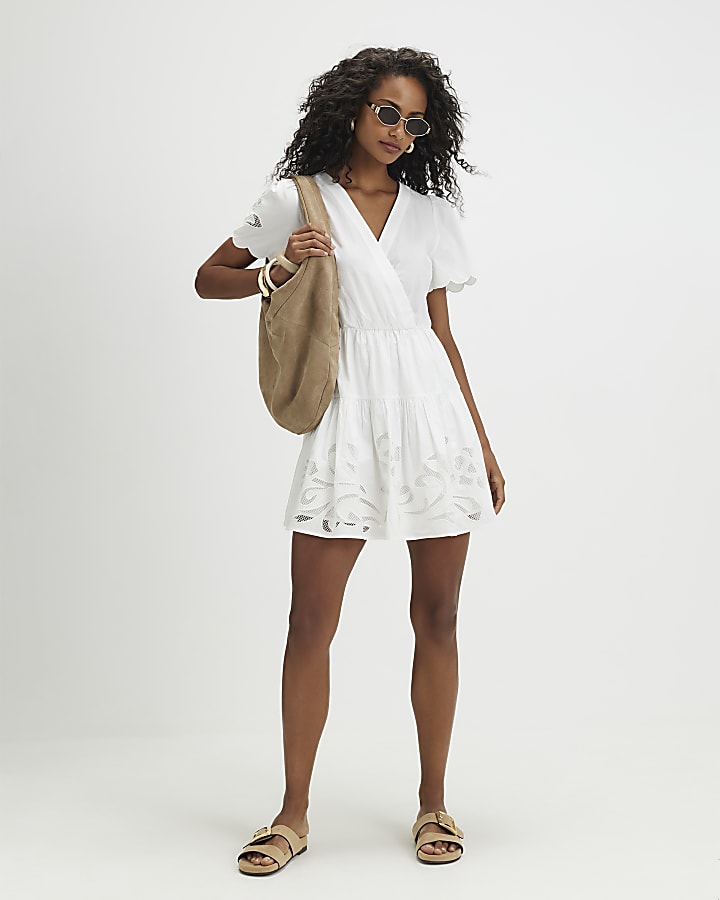 Cream Short Sleeve Poplin Broderie Mini Dress