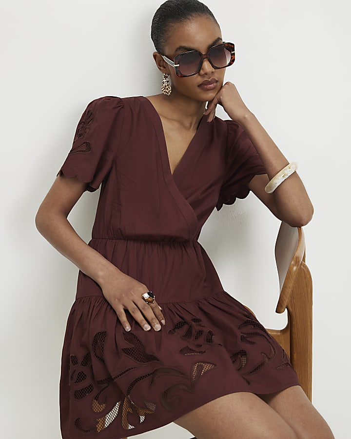 Brown Short Sleeve Poplin Broderie Mini Dress
